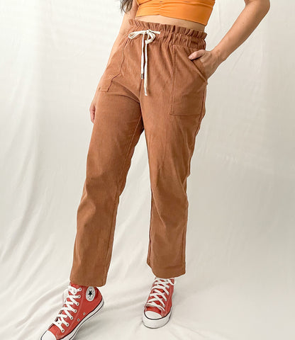 Drawstring Waist Corduroy Pants with Pockets